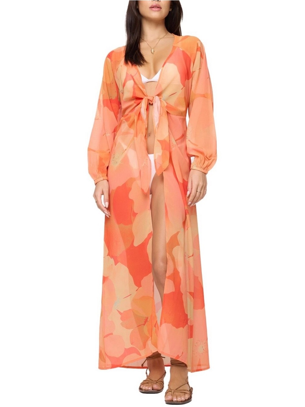 l*space Anna Floral Coral and Peach Floral Tie-Front Maxi Swim Coverup